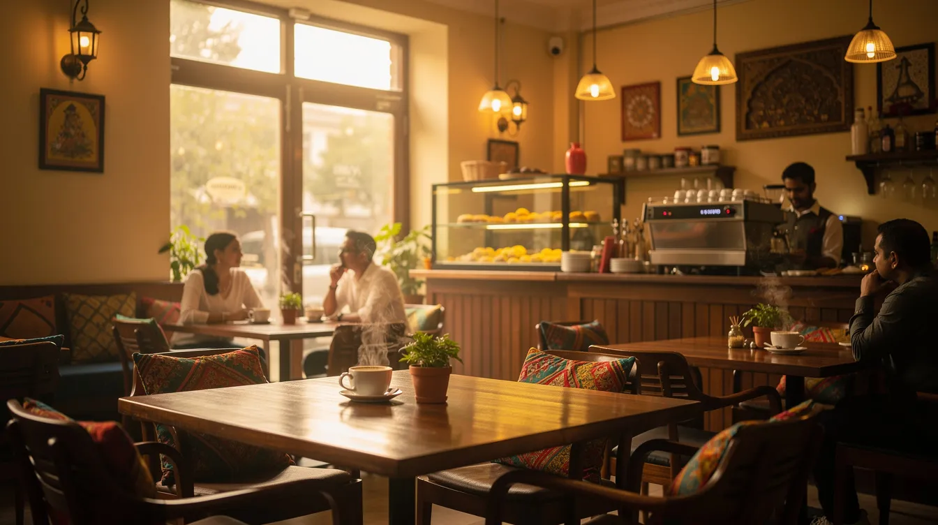 3d3c5c51 bbc4 4e5e b72c 9a23a21c945d The image depicts a cozy café interior in India, featuring warm lighting that enhances the inviting atmosphere, along with wooden furniture that adds to the charm of this local coffee shop. This space is ideal for enjoying quality coffee and specialty drinks, fostering a loyal customer base and a positive coffee shop experience.