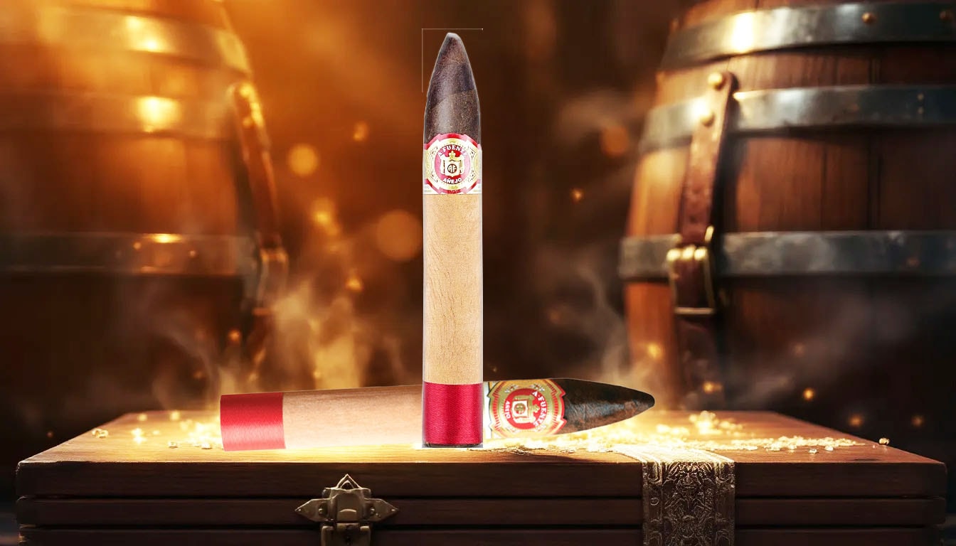 Arturo Fuente Anejo No.55 cigar with cognac barrels in the background.