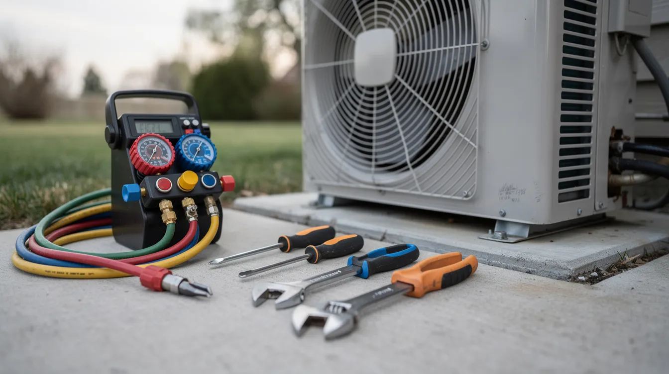 The image shows a close-up of various HVAC tools placed next to an outdoor condenser cabinet, highlighting essential equipment for tasks such as AC capacitor replacement. The tools are arranged neatly, emphasizing the importance of proper maintenance for the air conditioning unit to ensure it functions efficiently and safely.