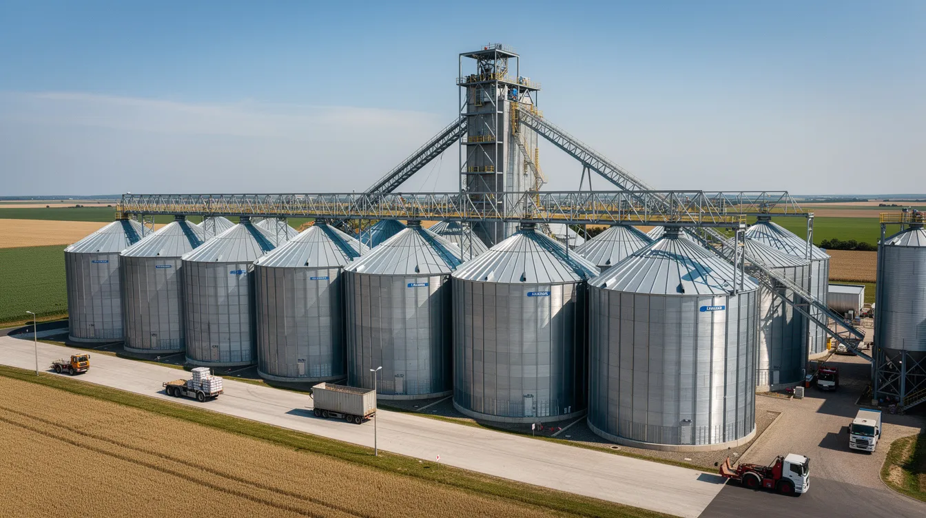 3d3f6e72 300a 4feb 869d 3885e735c45f An aerial view of a grain storage facility showcases multiple cylindrical steel silos arranged in rows, with connecting conveyor structures facilitating the storage and discharge of large quantities of grain such as wheat and corn. The effective grain storage height and silo design are optimized for maximum capacity and grain quality, ensuring efficient storage and unloading processes.