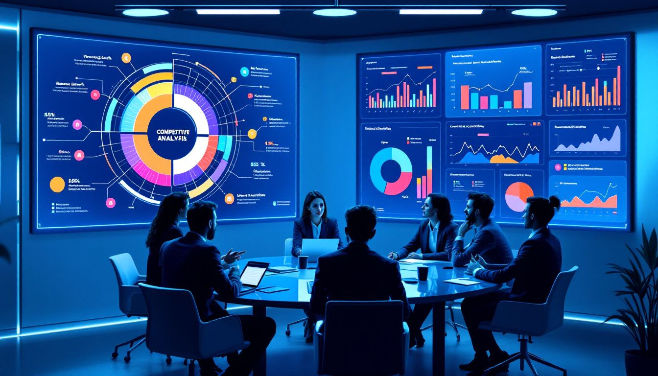 A group of people discussing market research findings in a meeting room.