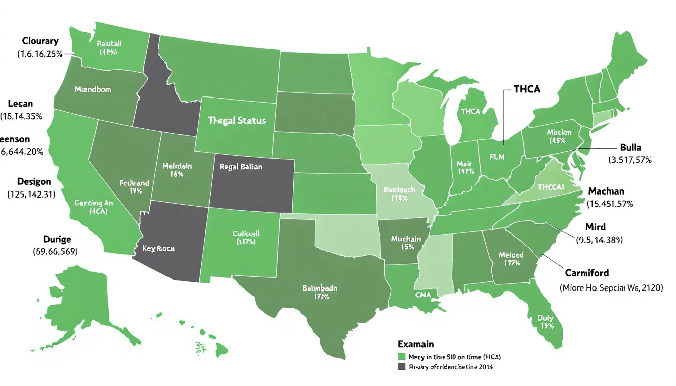 A map showing the legal status of THCA and weed across different regions.