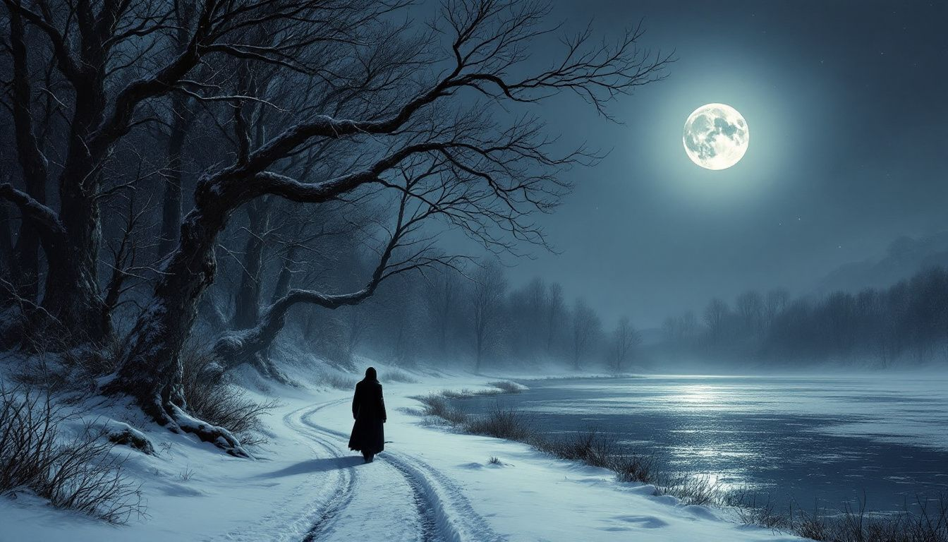 The haunting beauty of winter captured in a snowy scene.