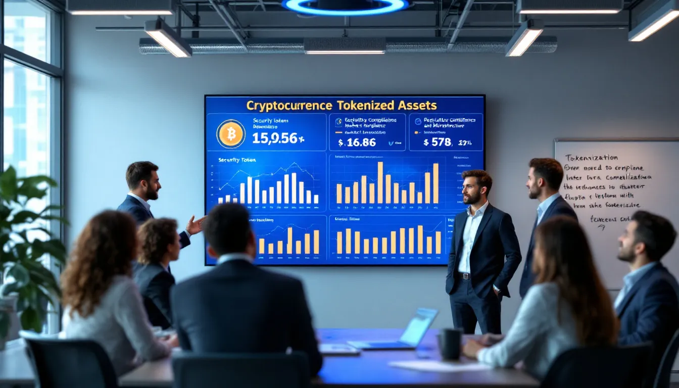 The image depicts a digital landscape illustrating the concept of tokenization in finance, highlighting the regulatory frameworks and market infrastructure needed for security tokens and tokenized real world assets. It features symbols representing major financial institutions, digital assets, and the potential for fractional ownership in various asset classes, emphasizing the trillion dollar opportunity that blockchain technology presents in the global financial landscape.