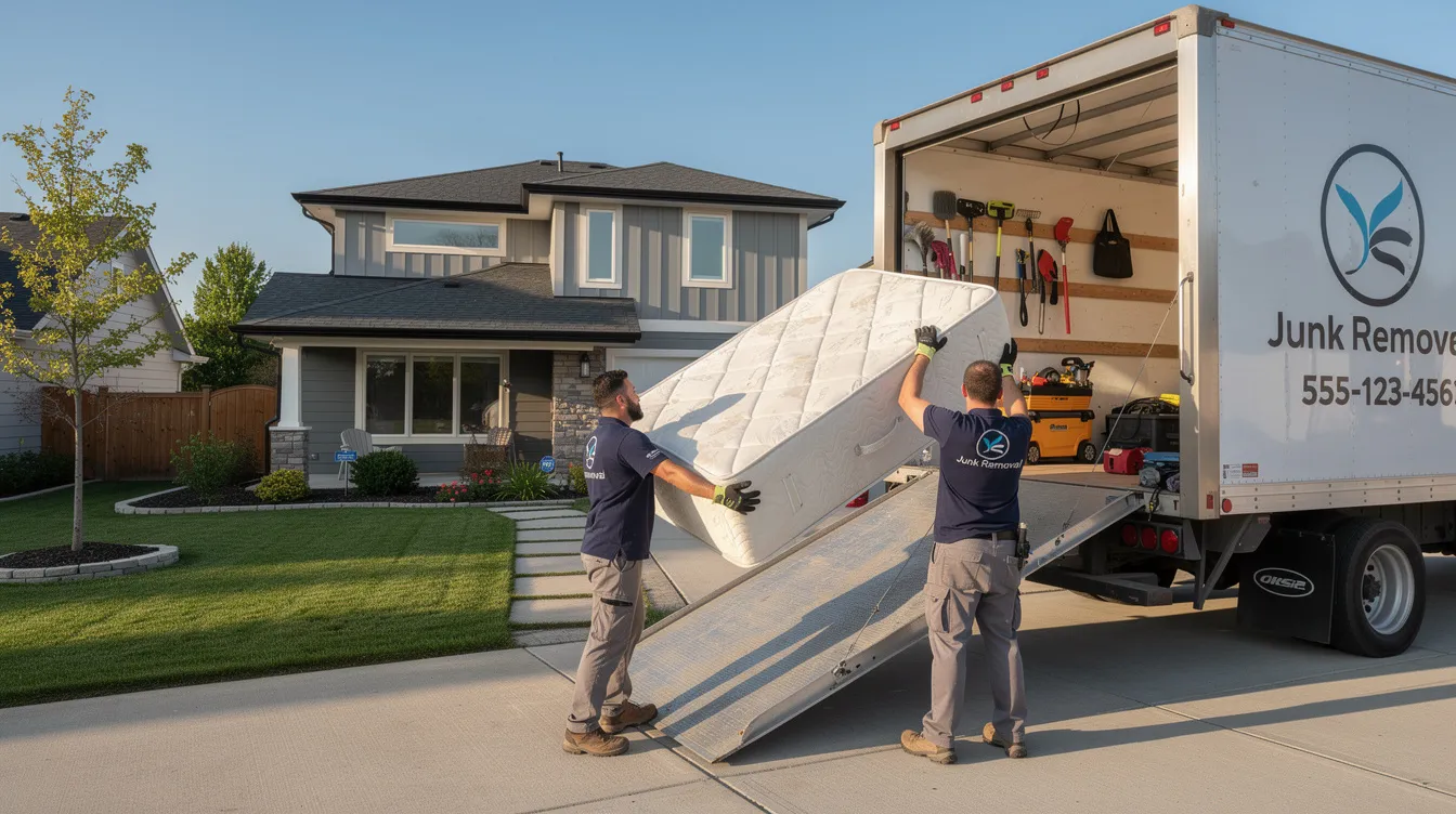 A professional junk removal crew is lifting an old mattress into a large truck parked in a residential driveway, showcasing the process of responsible mattress disposal. This scene highlights the importance of mattress recycling programs that help residents safely dispose of used mattresses and box springs.