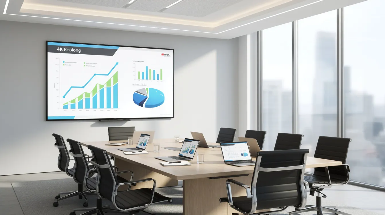 The image depicts a modern conference room featuring a large display screen that showcases various business graphs, including bar charts, line charts, and pie charts, all designed for effective data visualization. This setup aims to facilitate dashboard presentations, enabling users to analyze key metrics and draw attention to essential information for informed decision-making.