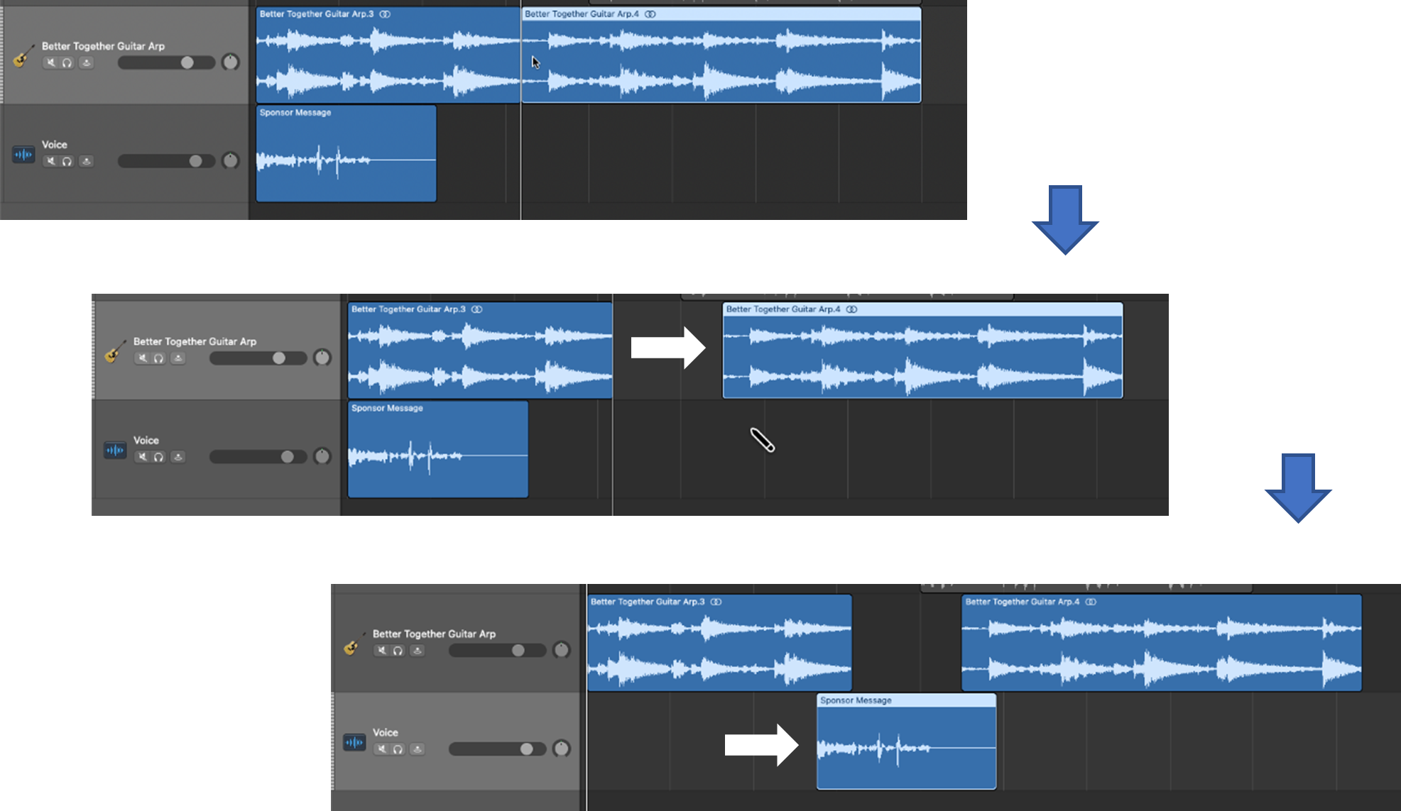 Separate cut regions and move crossfade region into position
