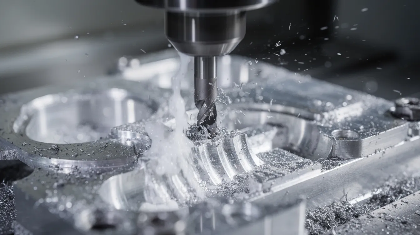 A close-up view of a CNC milling machine in action, showcasing the cutting tool as it precisely carves an aluminum workpiece, with coolant spraying over the tool to maintain optimal temperature. This image highlights the advanced technology and accuracy of CNC manufacturing processes used in the production industry.