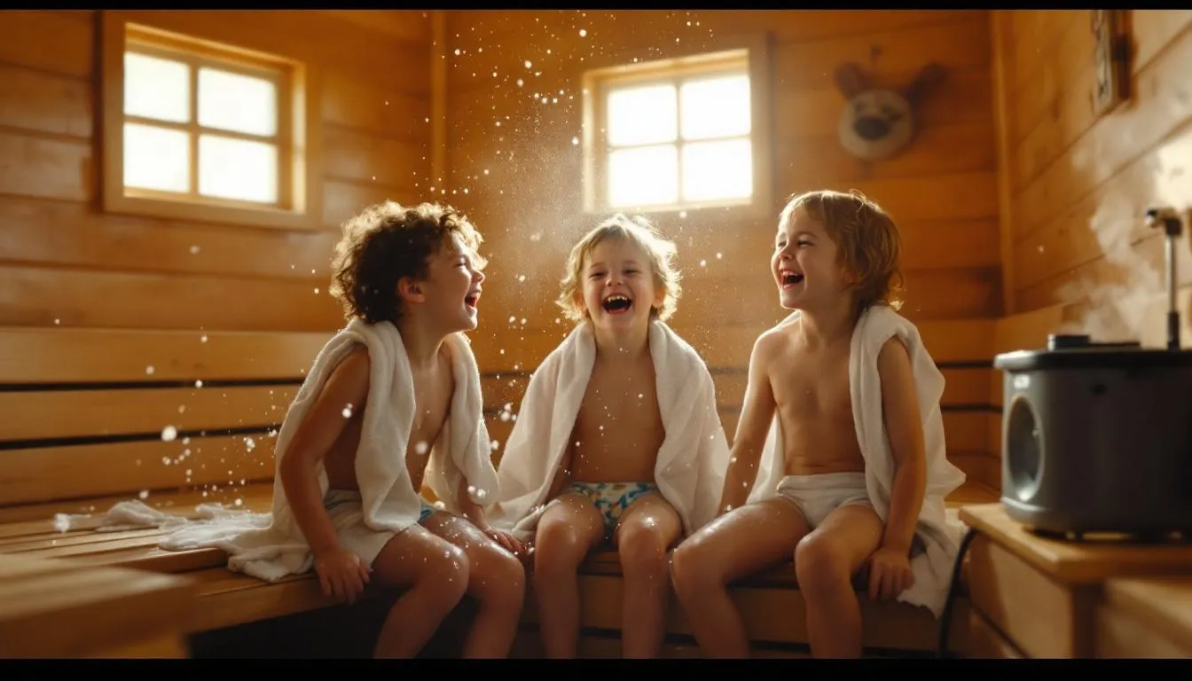 Kids having fun during a sauna session, making it enjoyable.