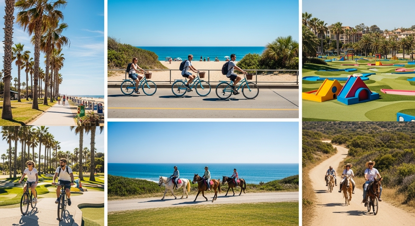 Sunny summer vacation scene with beach boardwalk, mini golf course, and outdoor activities near the coast.