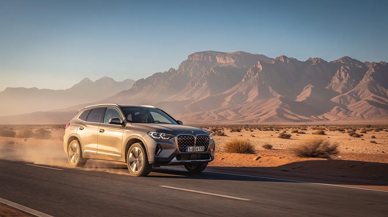 Un SUV roule sur une route désertique, avec les majestueuses montagnes de l'Atlas en arrière-plan, évoquant un voyage inoubliable au Maroc. Cette scène souligne l'attrait des vacances en voiture à Marrakech, offrant un mélange de luxe et d'aventure.