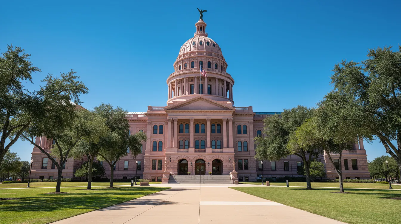 The image shows the Texas State Capitol building against a clear blue sky, showcasing its impressive architecture and dome. This iconic structure is a symbol of Texas law and governance, reflecting the state's rich history and vibrant culture.