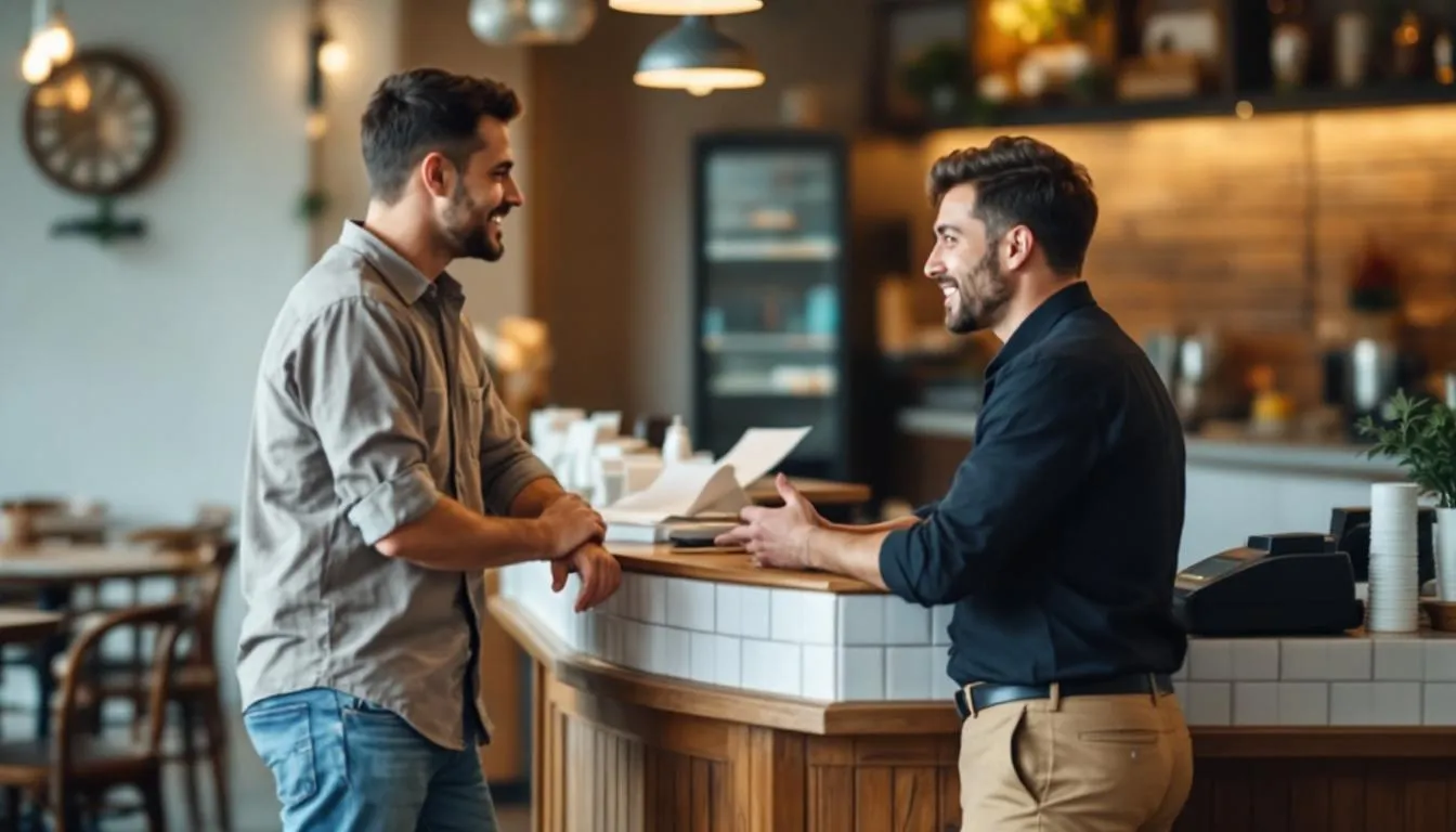 In a cozy restaurant billing counter, a customer engages in a friendly conversation with the manager, showcasing a positive customer experience that fosters customer loyalty. This interaction highlights the importance of building relationships in the restaurant business to attract loyal customers and enhance overall restaurant profitability.