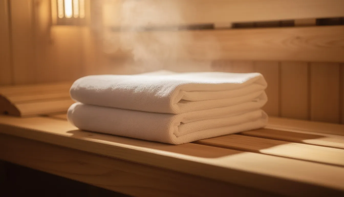A stack of clean, folded white cotton towels rests on a wooden sauna bench, showcasing the importance of sauna maintenance and cleanliness for an enjoyable sauna experience. The soft towels contrast with the natural wood, emphasizing the serene atmosphere of the sauna interior.