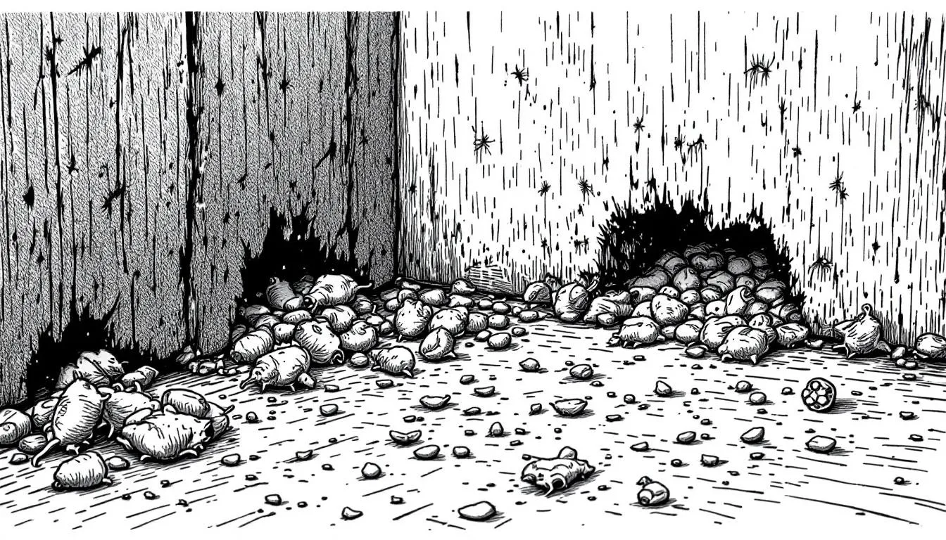 An image showcasing signs of rodent activity, including gnaw marks and droppings, with a focus on blurred details.