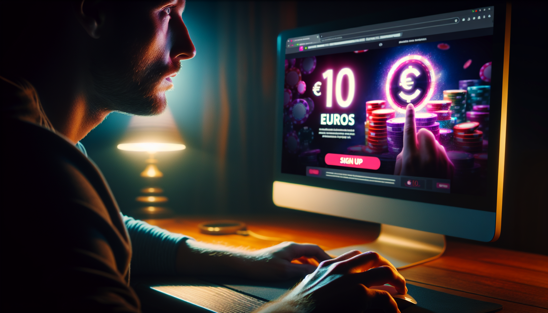 Persona registrándose en un casino en línea para obtener el bono de 10 euros gratis sin depósito
