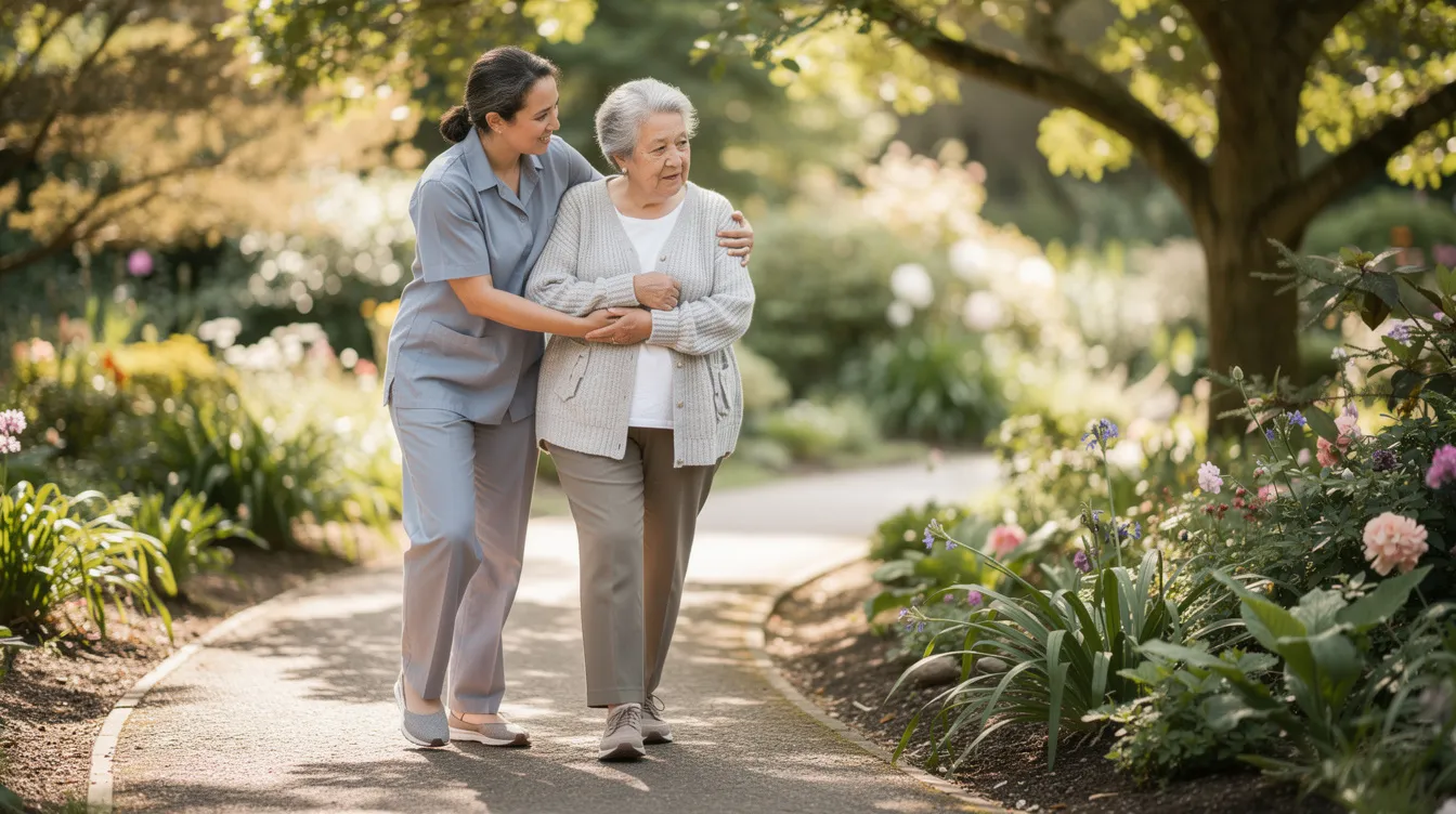 An older adult is walking along a garden path, supported by a caregiver who offers a compassionate arm. This scene highlights the importance of personalized care and companionship in home health care, ensuring the well-being of loved ones.