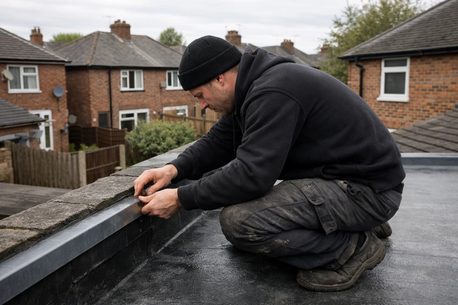 Experienced roofer inspecting a flat roof on a Manchester home