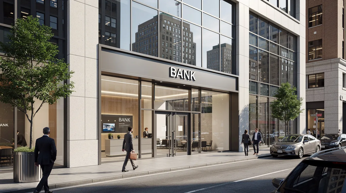The image depicts a modern bank branch with sleek glass doors, situated on a bustling city street, symbolizing a financial institution where customers can manage their personal or business accounts, make bill payments, and engage in various banking transactions. The contemporary design reflects the convenience of online banking and the importance of secure cheque transactions for account holders.