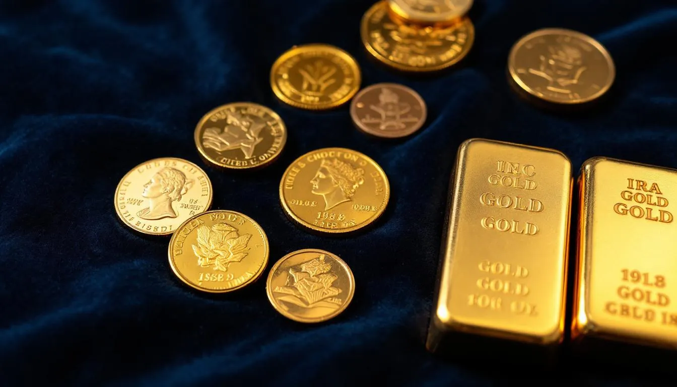 The image features a collection of assorted gold coins and bars, symbolizing IRA-eligible precious metals for investment. This visual representation highlights options for gold IRAs, showcasing physical gold as a valuable asset for retirement savings.