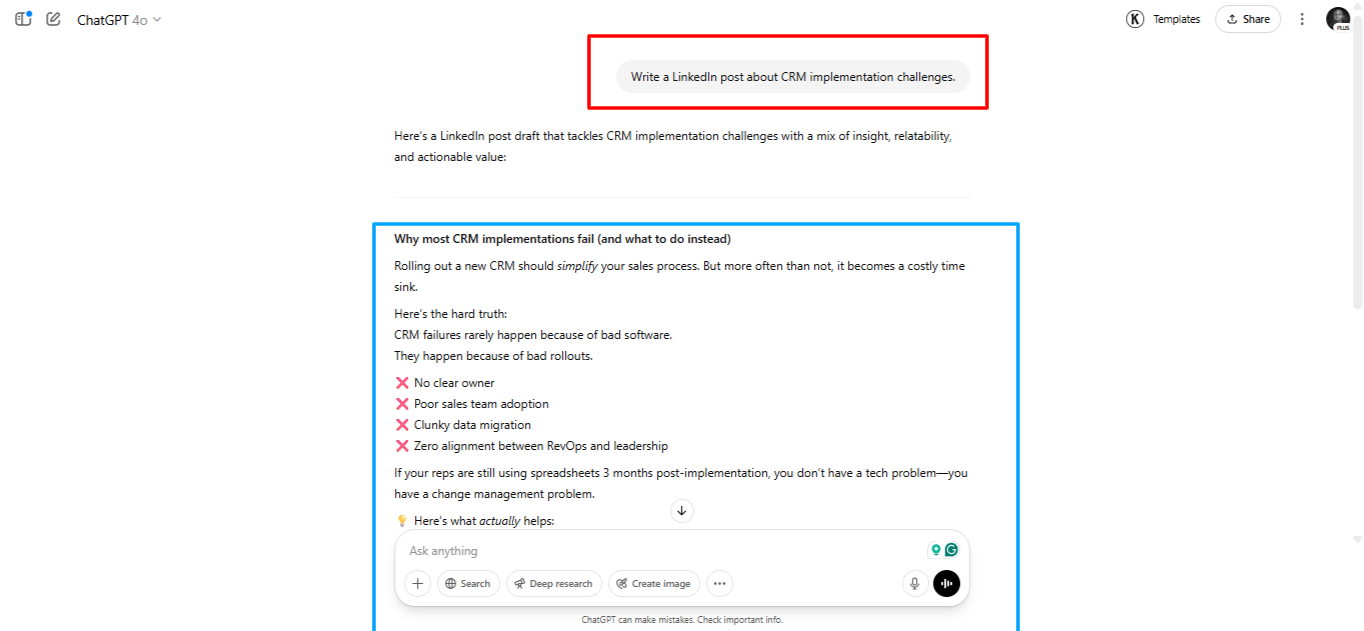 Basic ChatGPT prompt output showing generic CRM implementation content