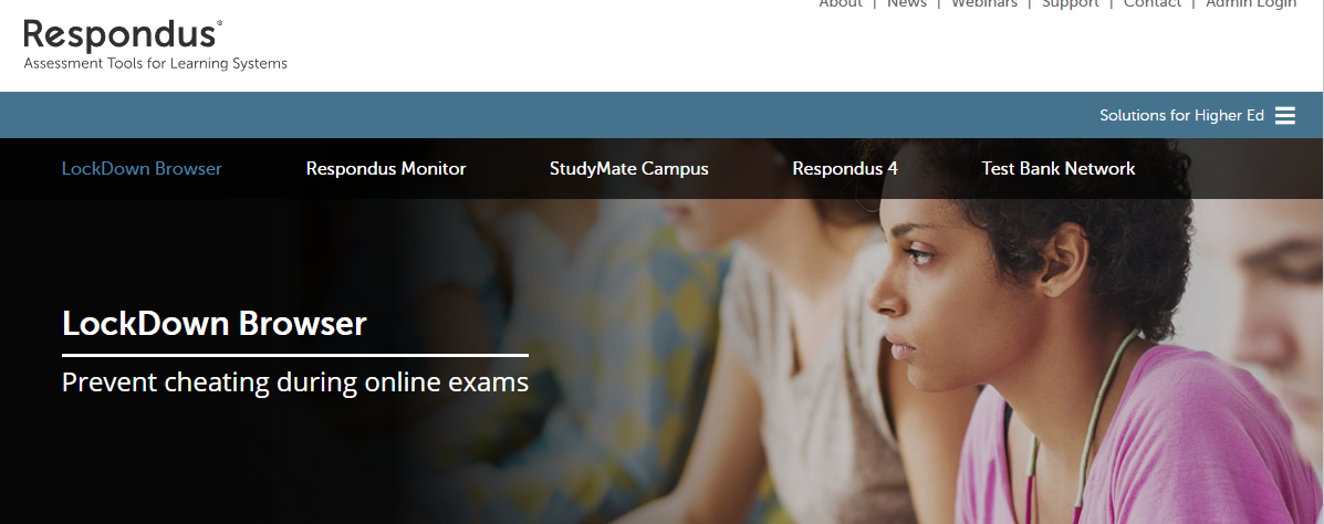 Respondus LockDown Browser homepage featuring secure online exam software with browser lockdown, remote proctoring, and cheating prevention for higher education assessments.