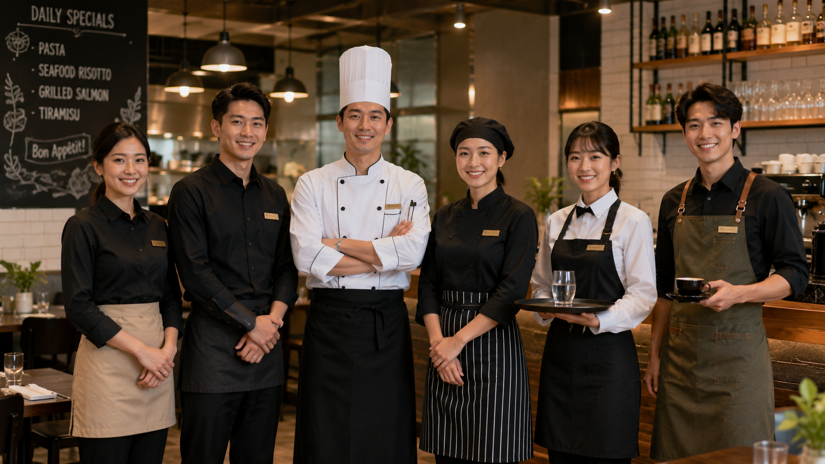 Restaurant staff wearing chef coats, kitchen uniforms, server shirts, waist aprons, and barista aprons