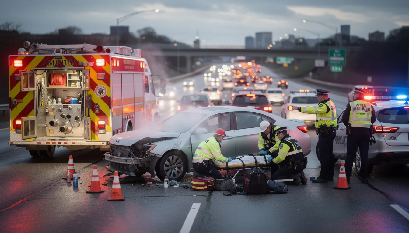 The image depicts emergency responders at a vehicle collision scene on a highway, attending to the aftermath of a car accident. The scene emphasizes the importance of having adequate insurance coverage, such as uninsured motorist coverage, to protect individuals involved in such incidents.