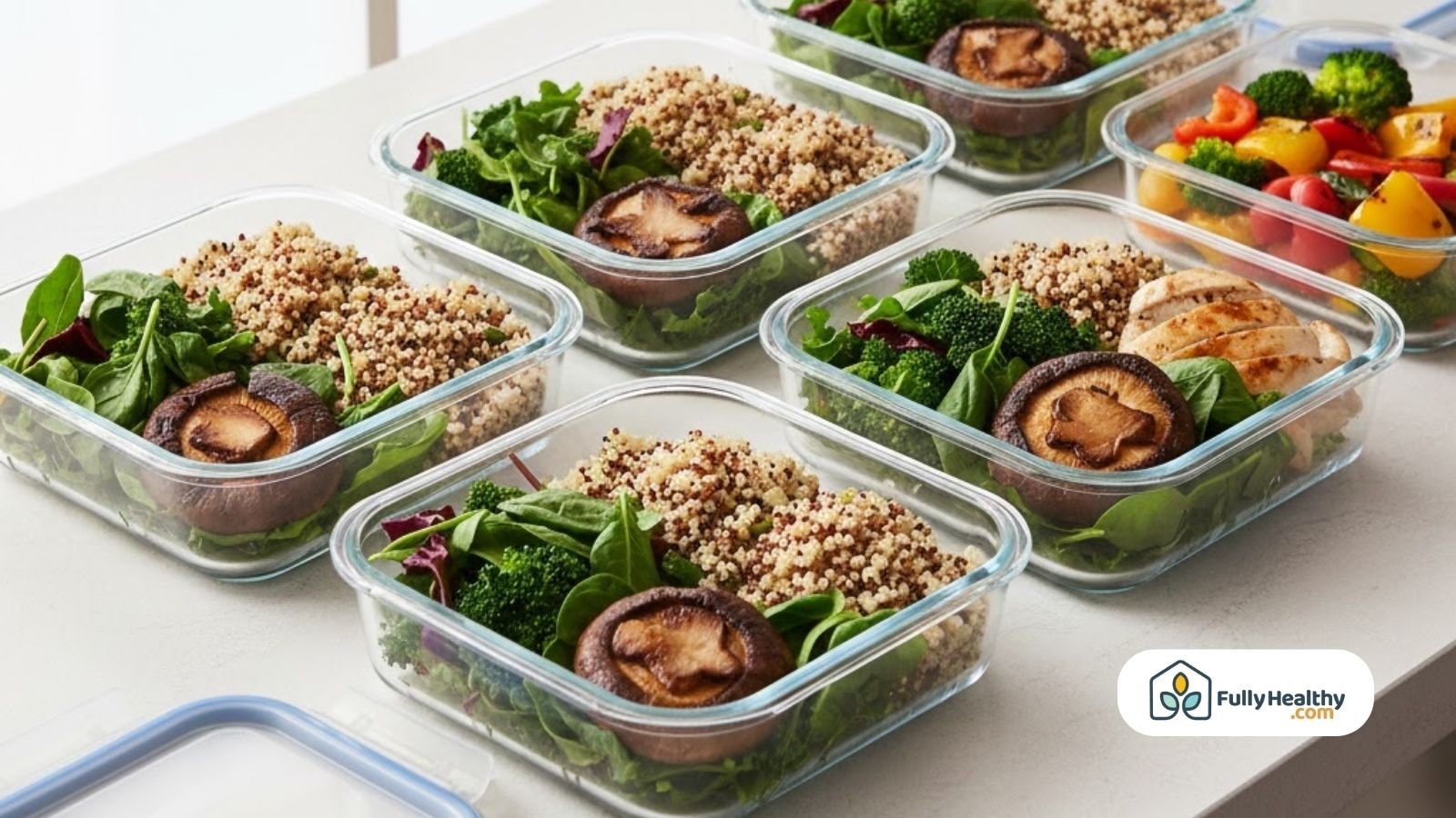Meal prep containers filled with greens, quinoa, broccoli and cooked mushrooms.