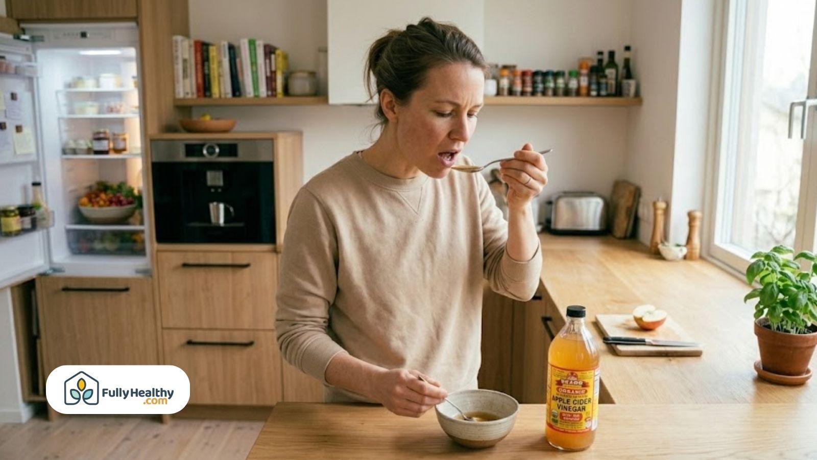 Person drinking diluted apple cider vinegar from a bowl in a kitchen next to the bottle.
