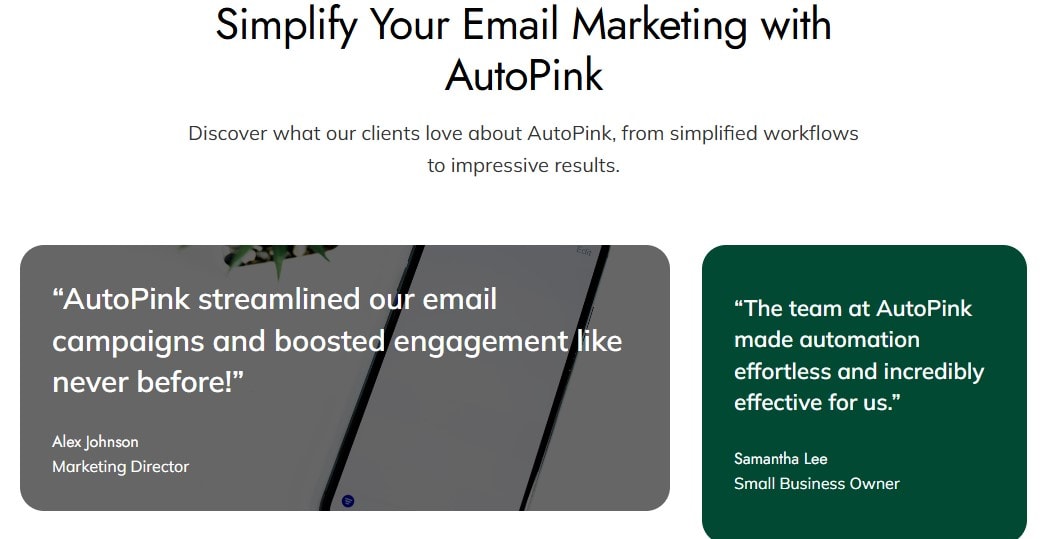Testimonials on the landing page