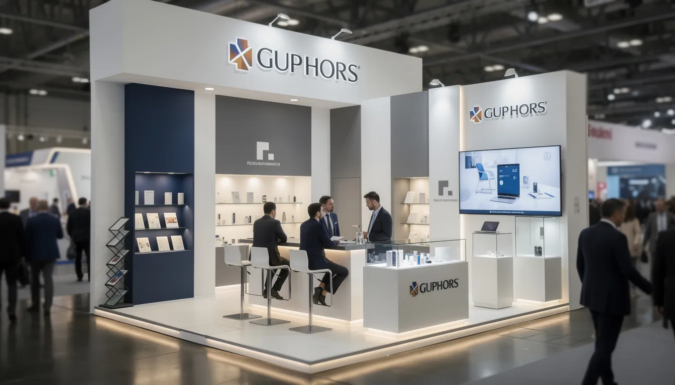 The image showcases a professional exhibition stand at a bustling trade fair, featuring modern lighting that enhances its visual impact. This custom trade show booth is designed to grab attention and create a lasting impression on visitors.