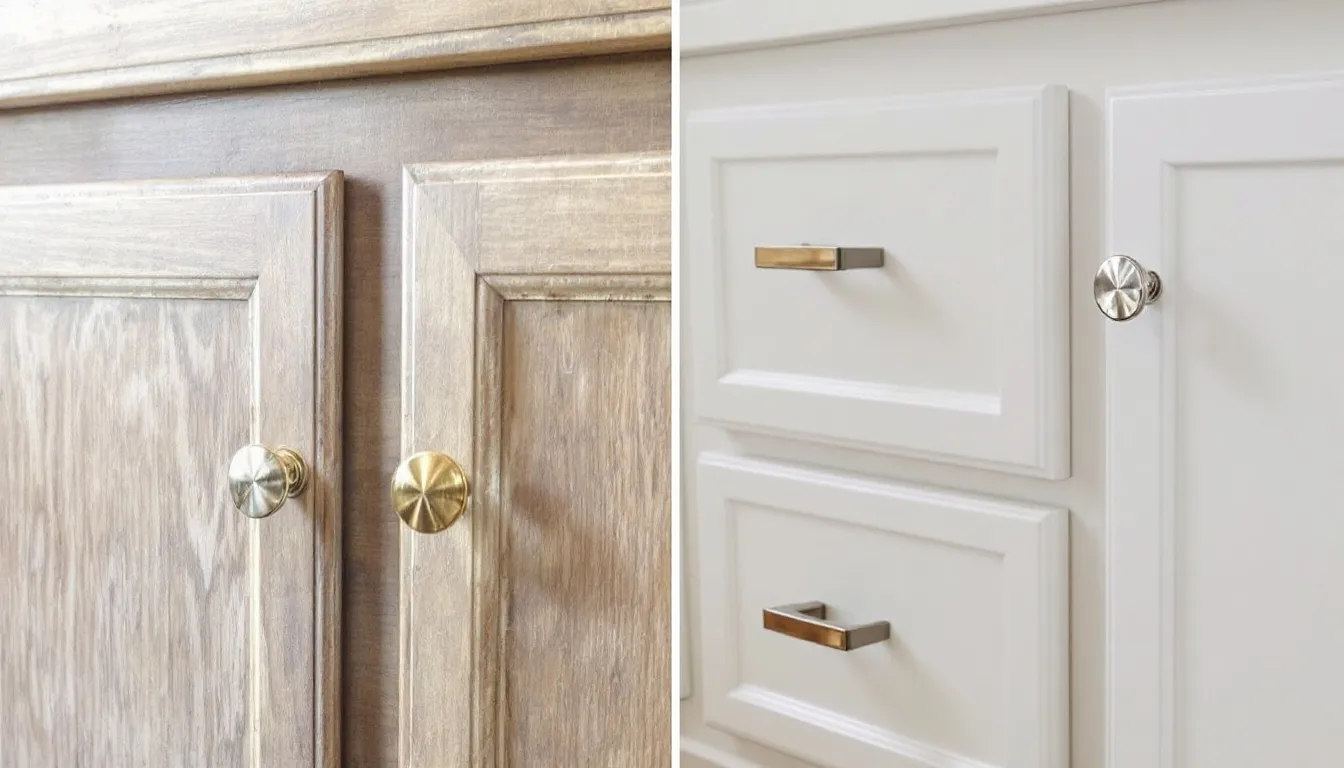 The image showcases a close-up view of kitchen cabinets, displaying a striking before-and-after transformation achieved through cabinet refacing. The updated cabinets feature modern drawer pulls and a fresh coat of paint, enhancing the overall aesthetic and value of the kitchen, making it a significant selling point for potential buyers.