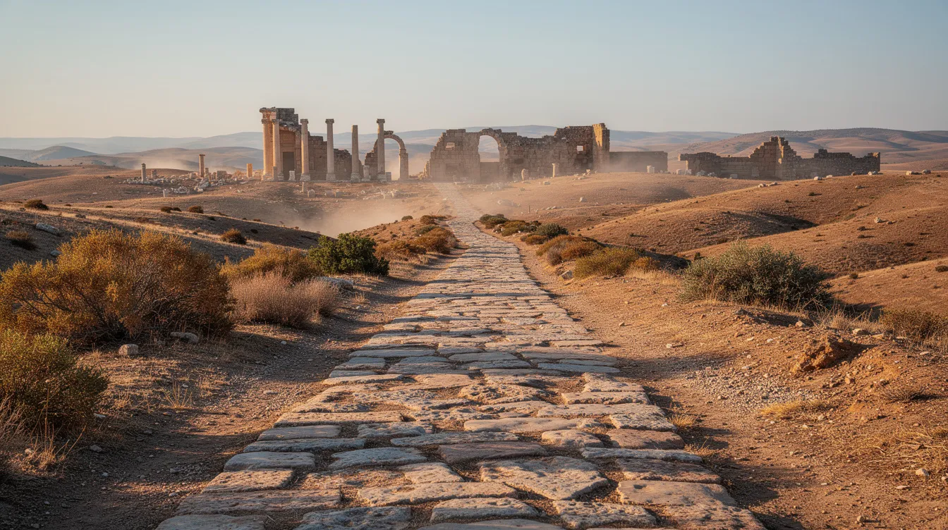An ancient stone road winds through arid hills, leading to distant ruins that reflect the landscape of the Roman Empire. This scene evokes the historical context of the Roman world, where the crucifixion of Jesus Christ, a pivotal event in Christian tradition, took place amidst such ancient civilizations.