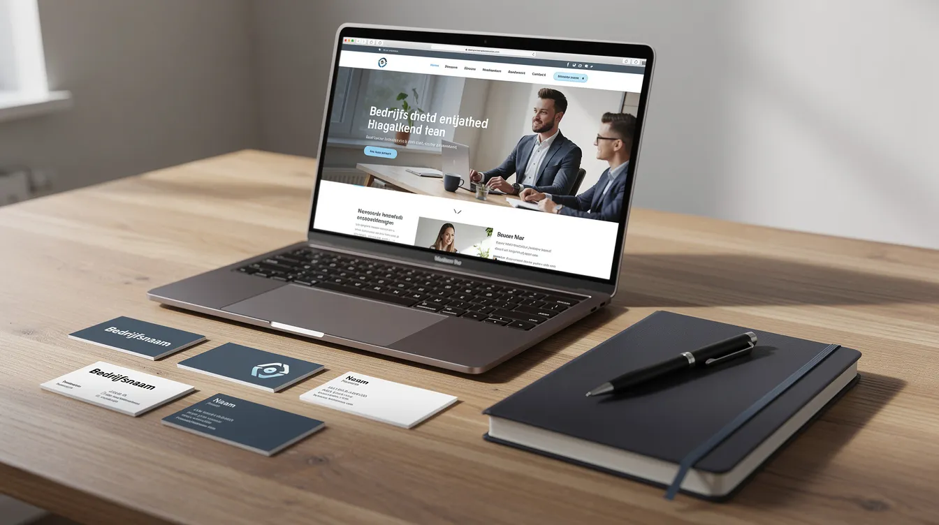 Op de tafel liggen diverse merkmaterialen uitgestald, waaronder visitekaartjes, een laptop met een open website, een notitieboek en een pen. Deze materialen zijn essentieel voor de marketingafdeling om een sterke merkidentiteit te creëren en de unieke kenmerken van jouw merk te communiceren in een competitieve markt.