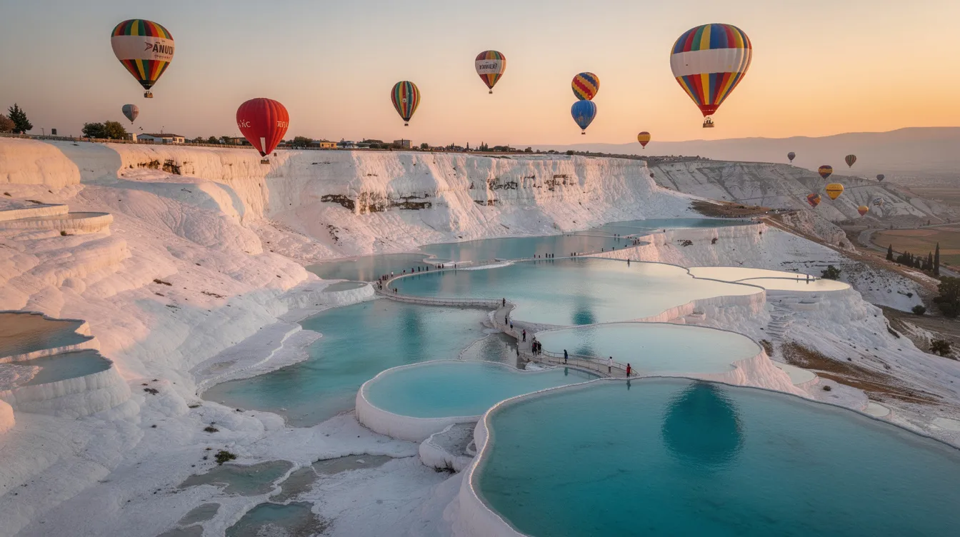 A imagem mostra balões coloridos flutuando sobre as impressionantes formações de travertino de Pamukkale, também conhecido como "castelo de algodão". Ao fundo, o céu azul destaca as piscinas termais e a beleza natural deste patrimônio mundial da Turquia.