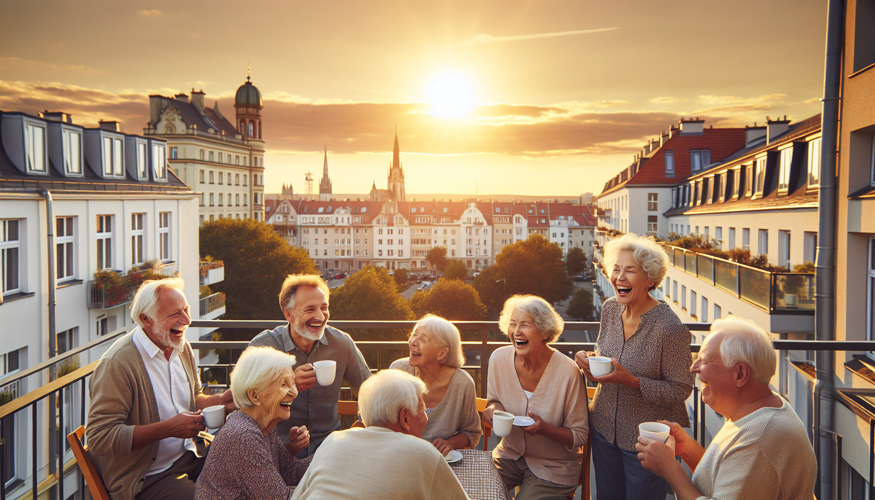 Illustration of retirees enjoying affordable housing in a scenic city