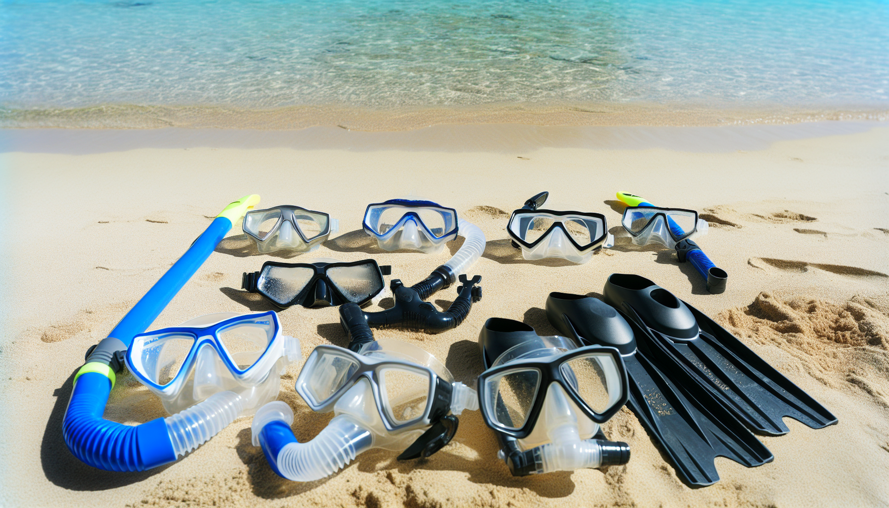 Snorkeling gear including masks, snorkels, and flippers