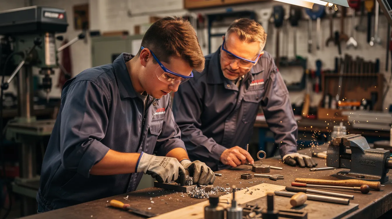 An apprentice is engaged in hands-on training alongside an experienced supervisor in a workshop, demonstrating a dynamic learning environment focused on skill development and on-the-job training. This setting highlights the importance of competency-based apprenticeship programs and the nurturing of talent to bridge the skills gap in the workforce.