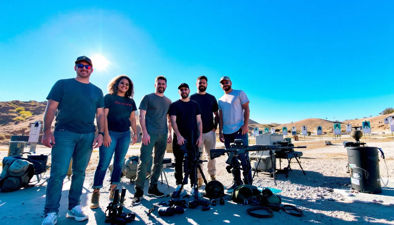 A group of friends is happily posing with military equipment at an outdoor shooting range, showcasing their adventurous spirit during a memorable stag weekend in Bratislava. The scene captures the thrill of stag activities, perfect for creating unforgettable memories in the Slovakian capital.