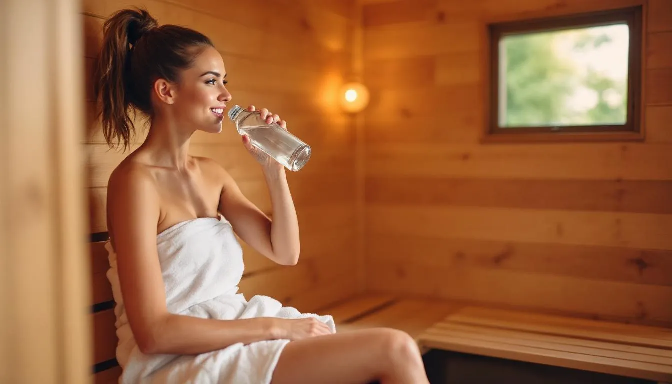 A person is seen hydrating with an electrolyte drink after a sauna session, emphasizing the health benefits of proper hydration for post-workout recovery and effective detoxification. The image highlights the importance of replenishing fluids to support the body's detoxification process and improve overall wellness after using an infrared sauna.