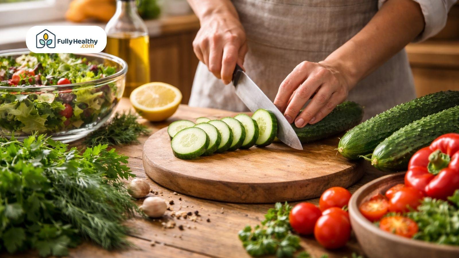 Person slicing cucumber on wooden board with salad vegetables and herbs
