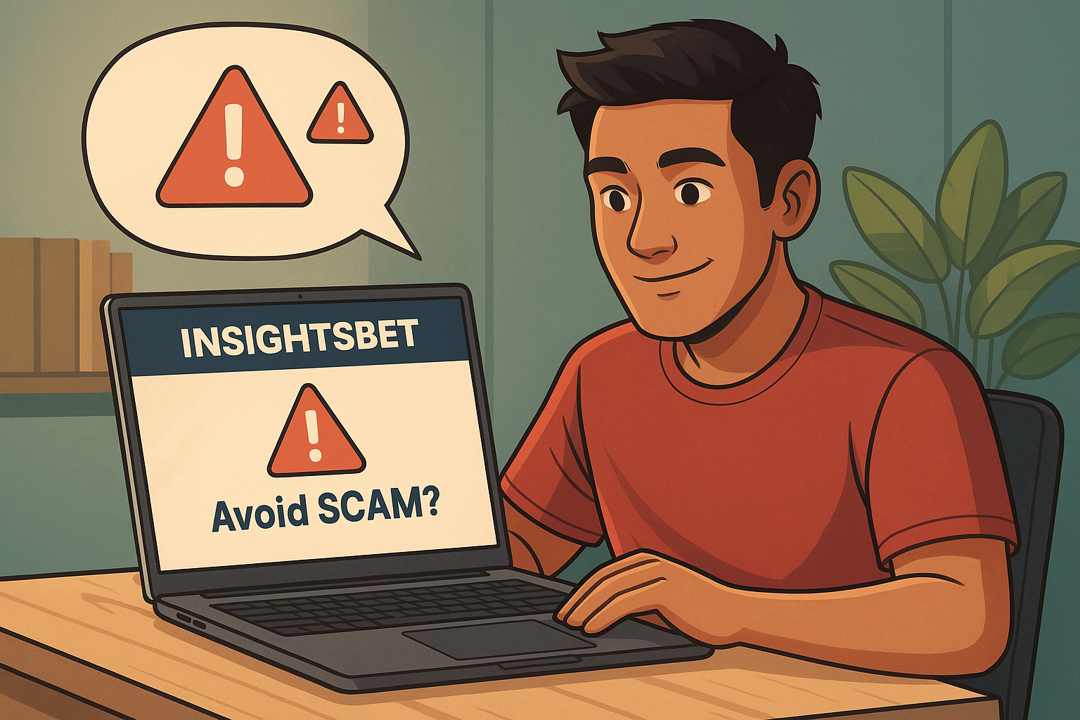 A semi-realistic digital illustration showing a cautious user examining a flashy online betting promotion on a laptop, while subtle warning signs and alerts appear around the screen.