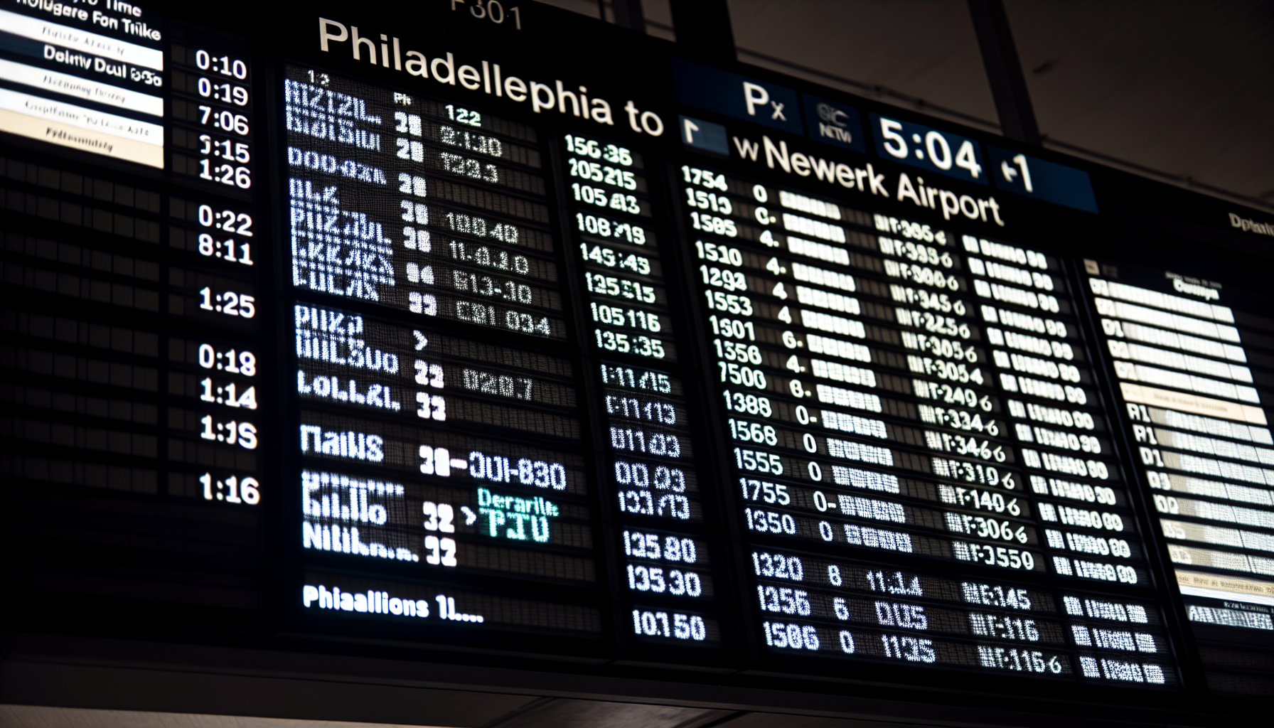 Train schedule board displaying Philadelphia to Newark Airport route