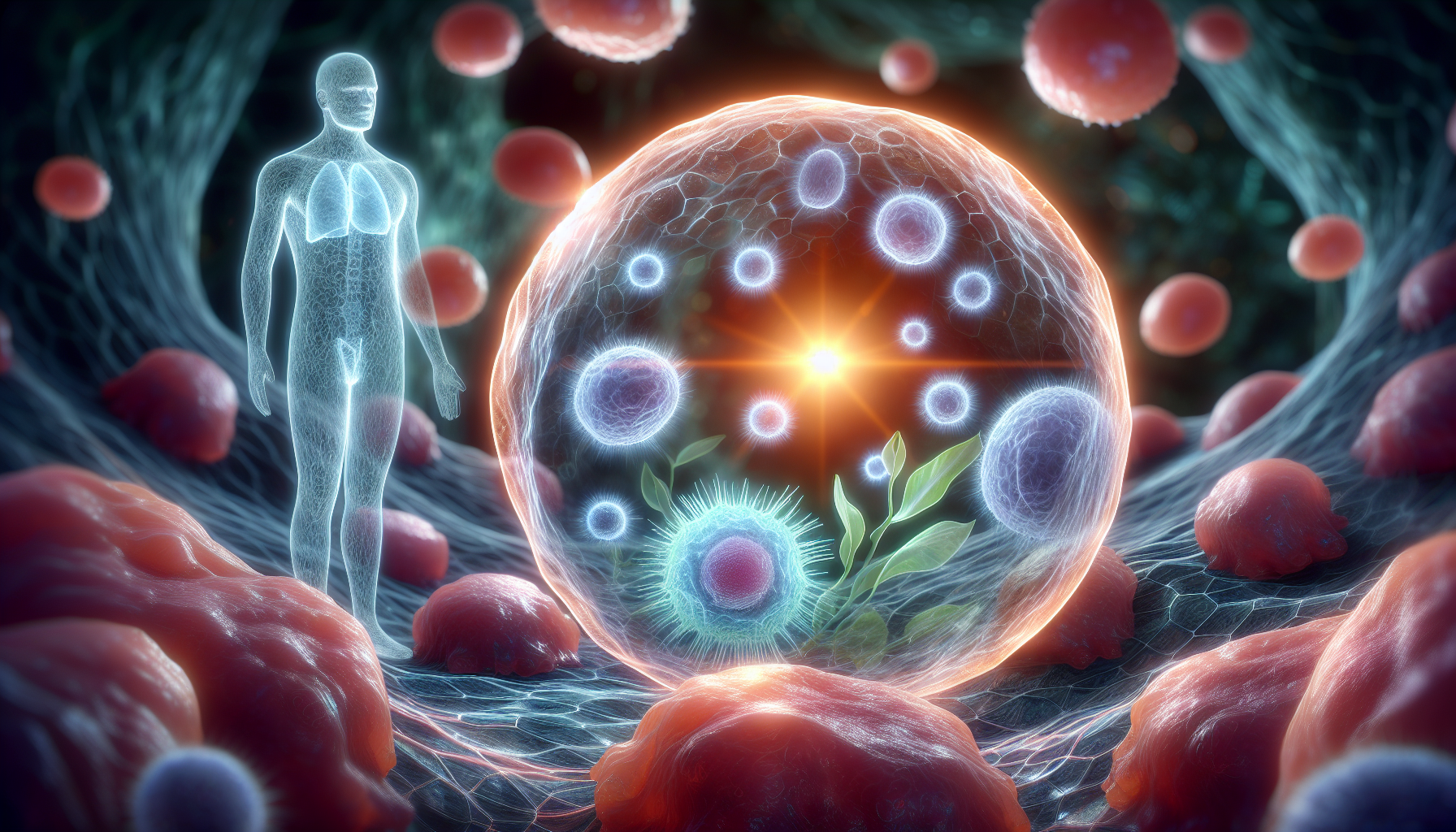 An illustration showing cells being protected by a shield, symbolizing lactoferrin's role as a protector against oxidative stress and cancer cells.
