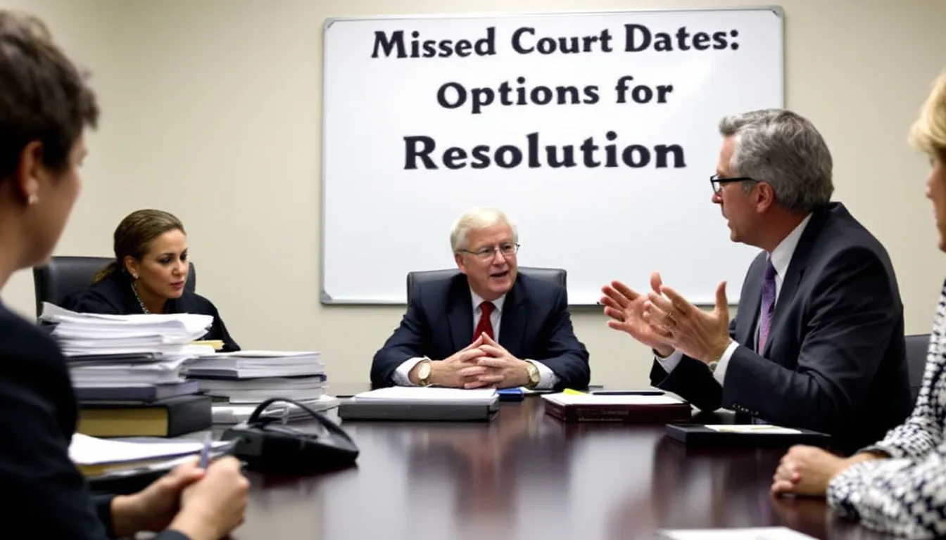 In the image, a group of individuals is discussing various legal options for addressing missed court dates, focusing on the implications of a failure to appear in court related to traffic violations. They are considering the potential consequences, such as additional fines or the need to contact a criminal defense lawyer to resolve issues stemming from missed court hearings.