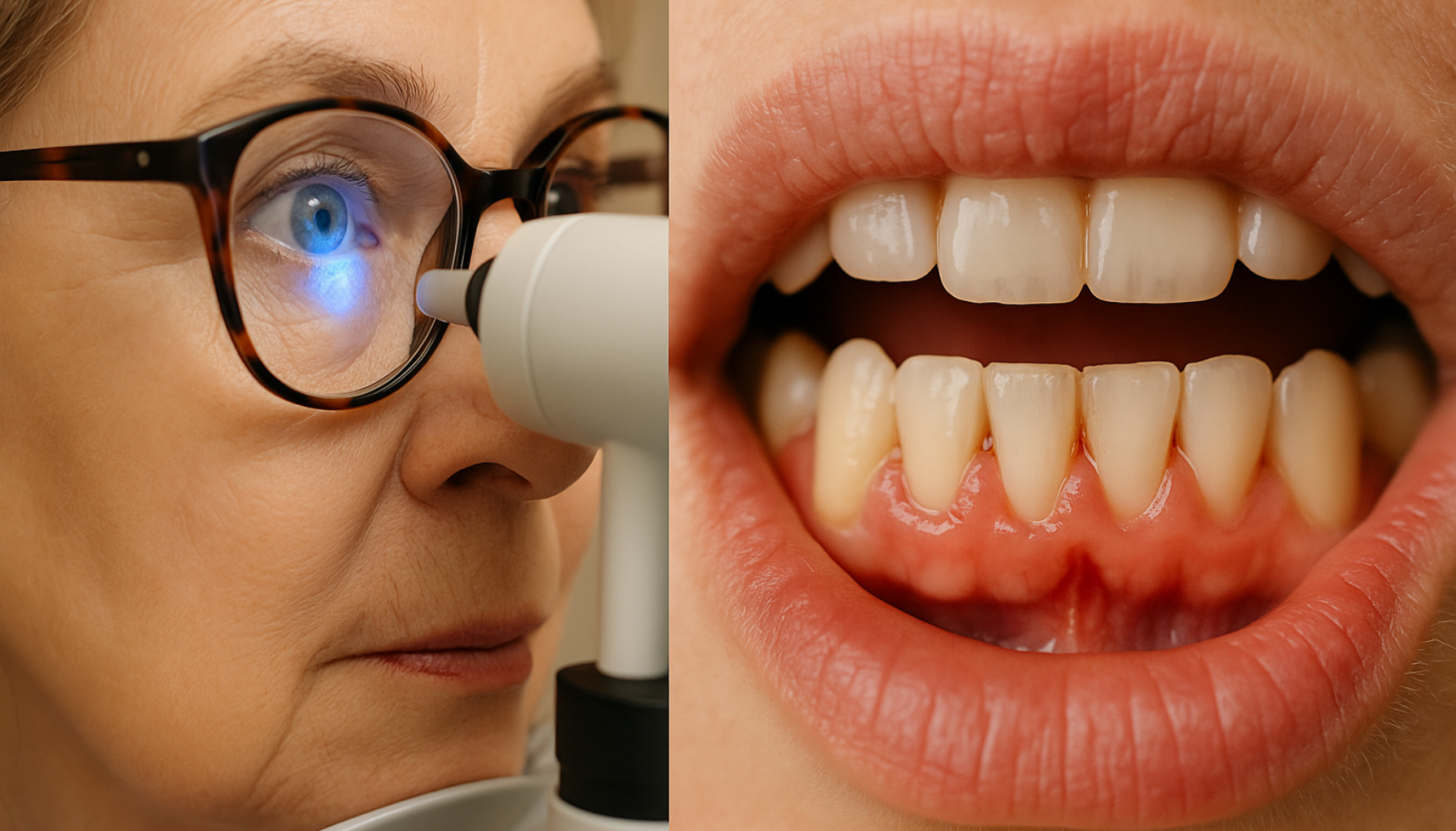 Eldre kvinne får øyeundersøkelse kombinert med nærbilde av tannkjøttbetennelse som viser sammenheng mellom øye og tannhelse"