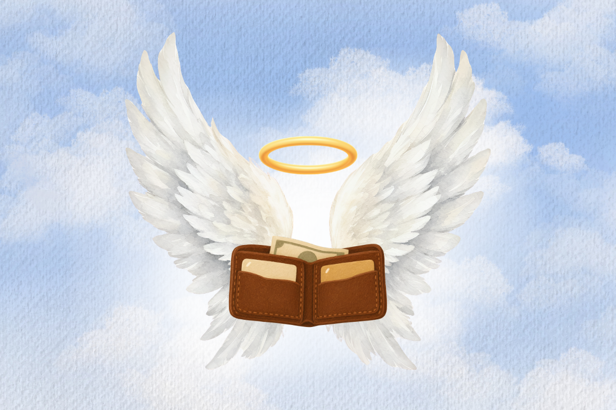 An open wallet with angel wings and halo flying up into sky.