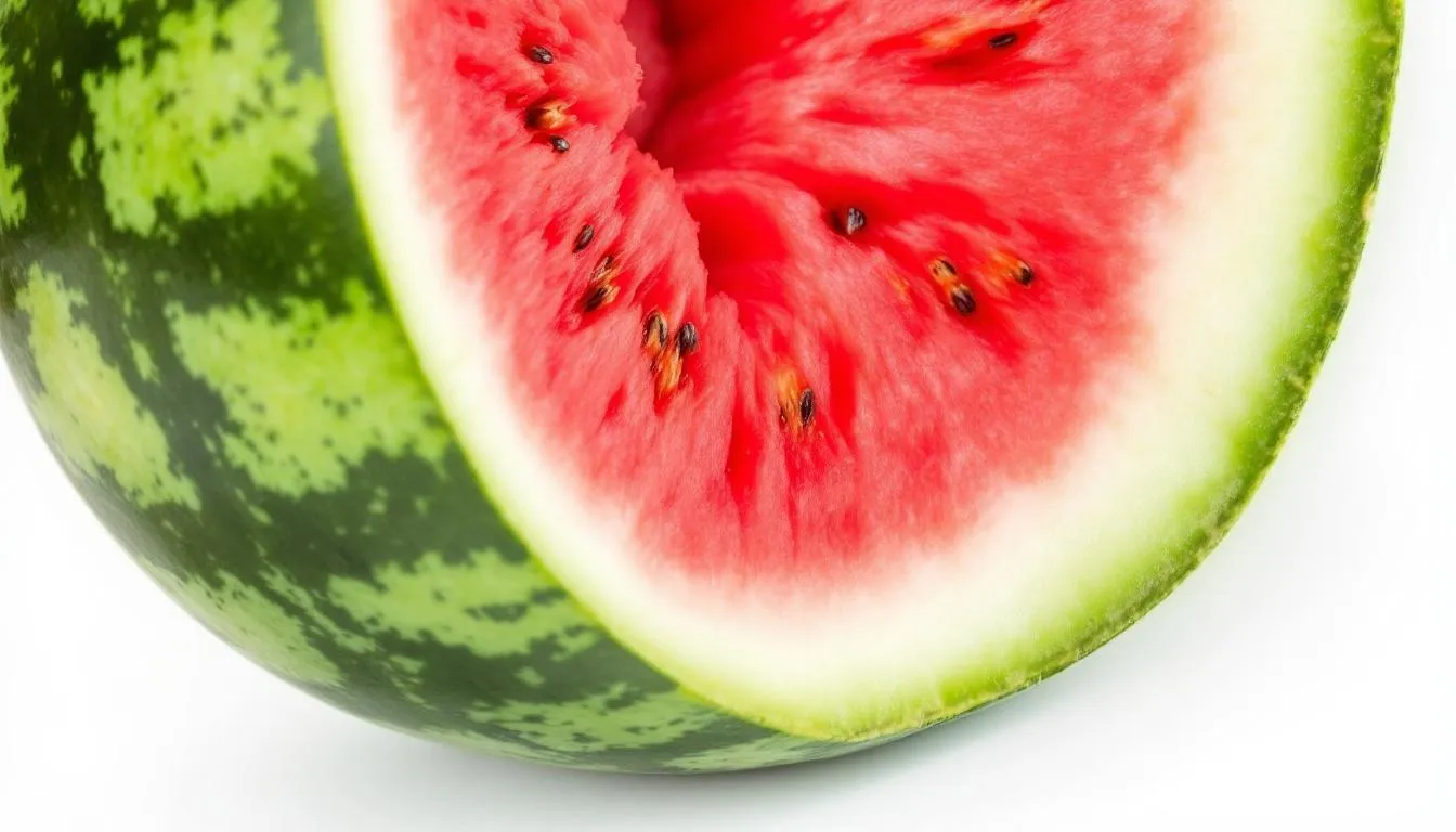 The image depicts a watermelon that has been cut open, revealing the juicy pink flesh inside, alongside the dangerous rind and seeds that can pose a choking hazard for dogs. It highlights the importance of safely feeding watermelon to dogs by showing the contrast between the safe edible part and the parts that could cause digestive upset or intestinal blockage.