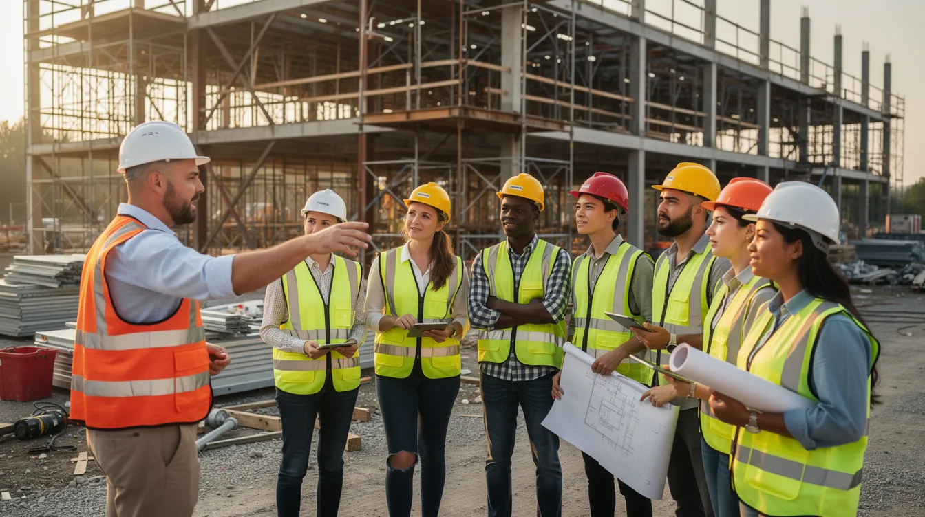A diverse group of young construction workers, wearing hard hats, is actively engaged in learning at a job site with steel framing in the background. This scene highlights the importance of hands-on training and development in registered apprenticeship programs, preparing these new apprentices for successful careers in the construction industry.